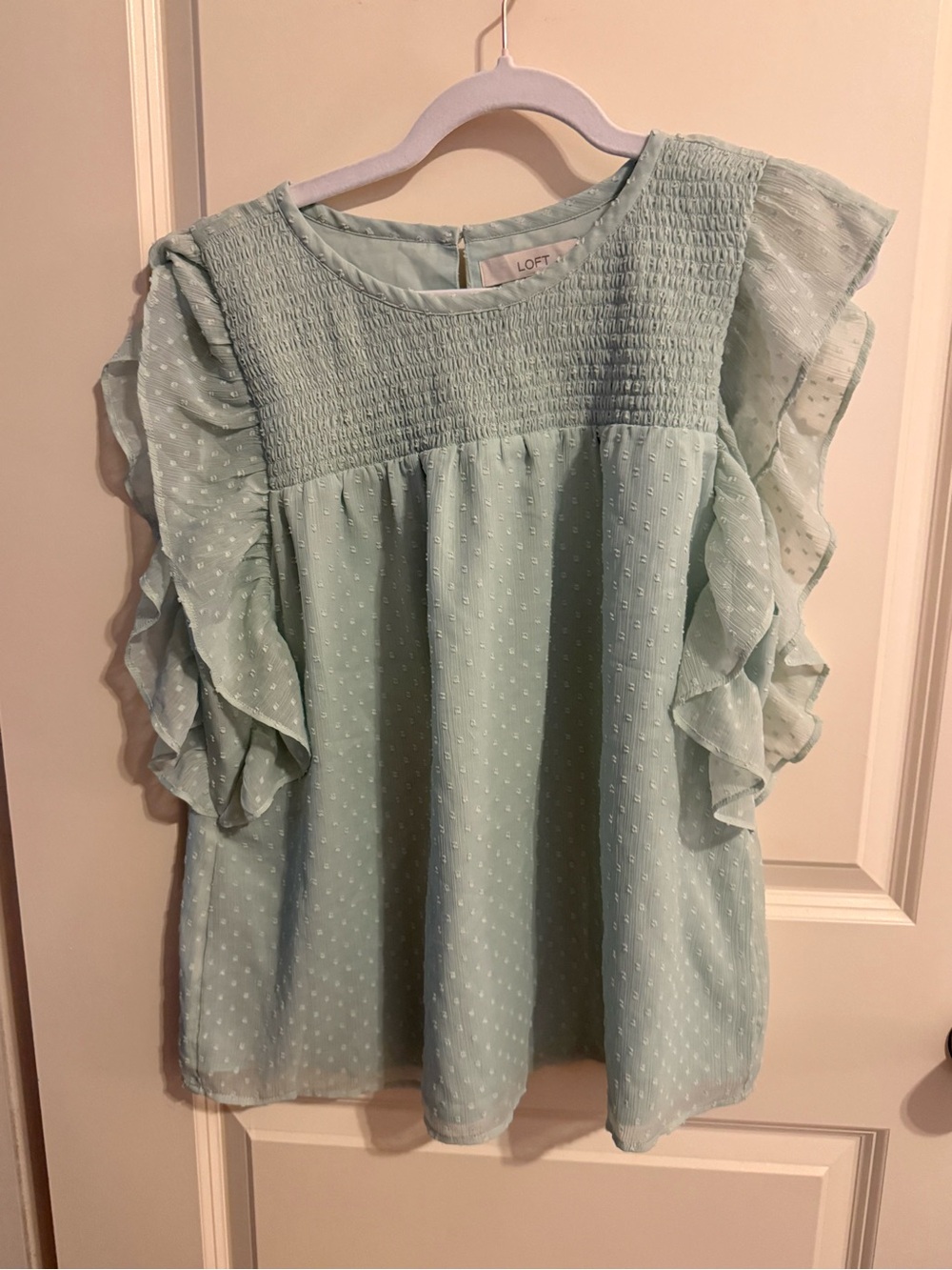 LOFT Mint Green Smocked Swiss Dot Blouse